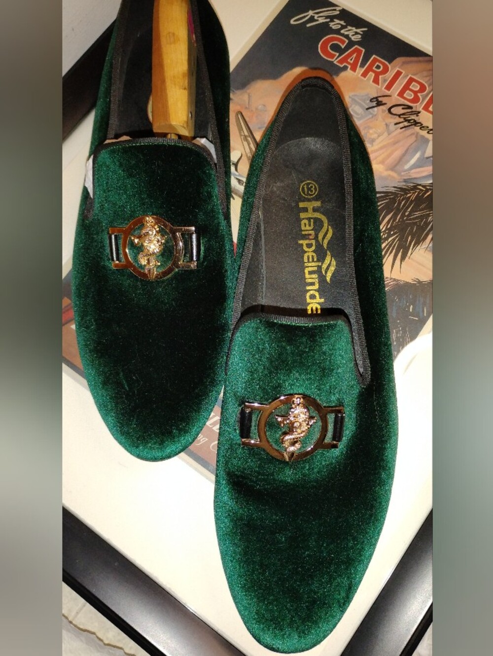 Harpelunde Medical Symbol Buckle Green Velvet Loafers. Size 13 - Picture 2 of 7